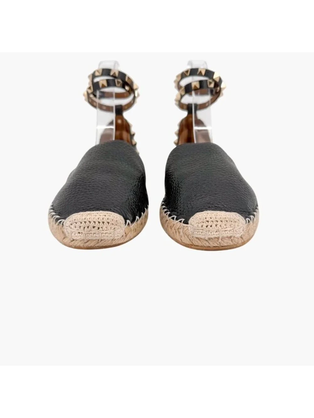 Valentino Garavani Rockstud Espadrille Flat Sandals Black Leather Size 38 US 8